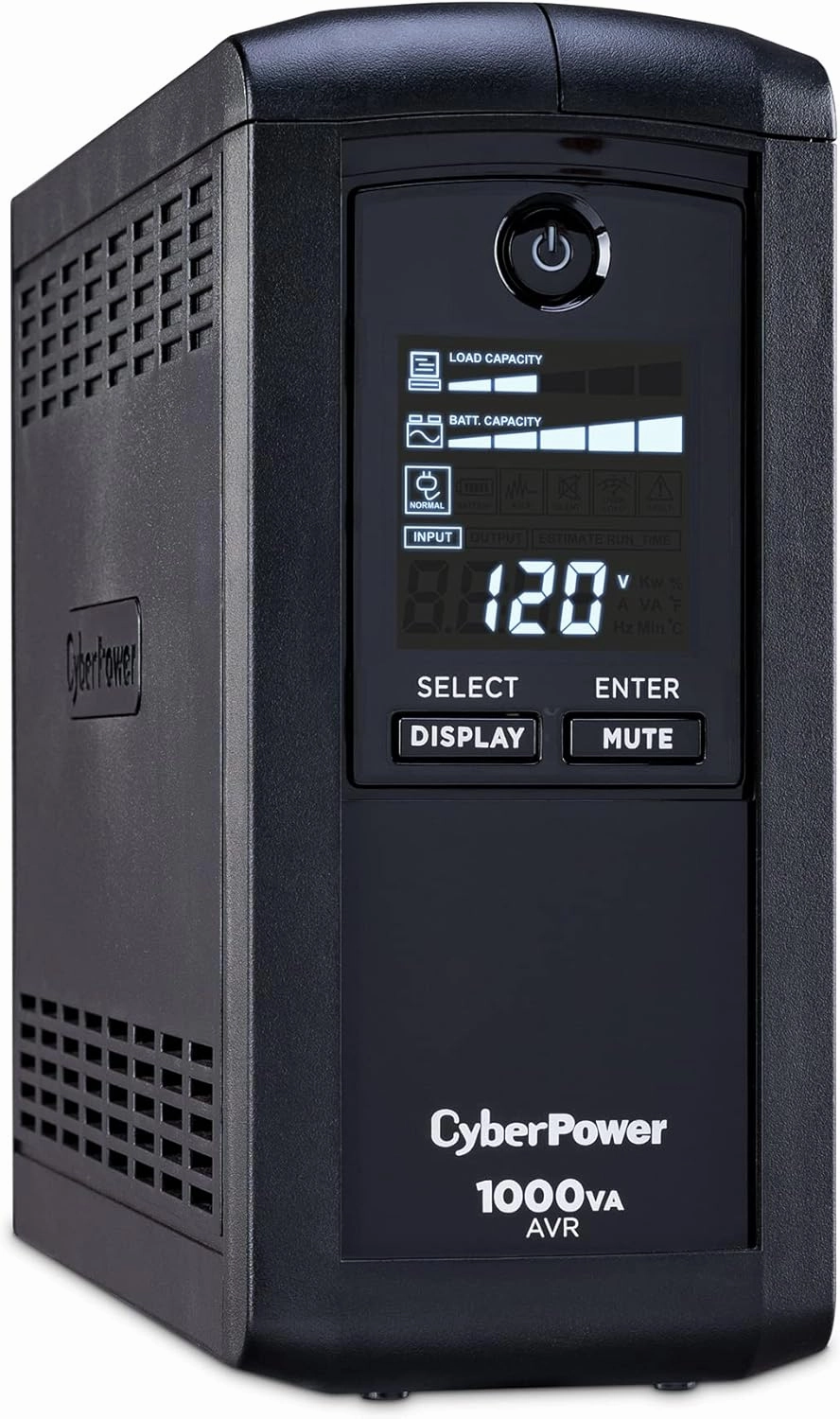 CyberPower CP1000AVRLCD Intelligent LCD UPS System, 1000VA/600W, 9 Outlets, AVR, Mini-Tower, Black