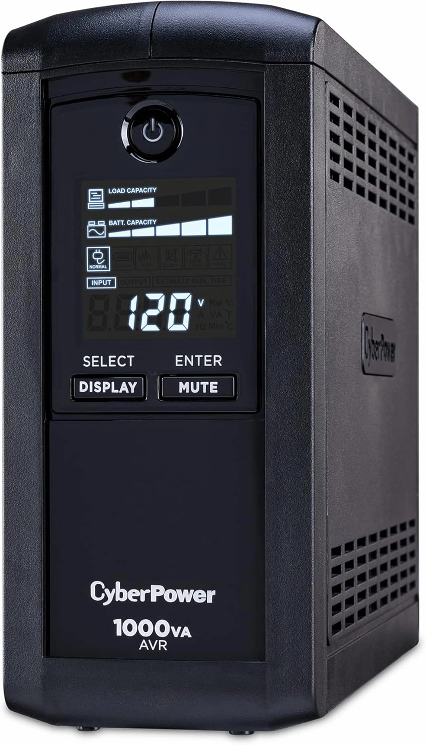 CyberPower CP1000AVRLCD Intelligent LCD UPS System, 1000VA/600W, 9 Outlets, AVR, Mini-Tower, Black