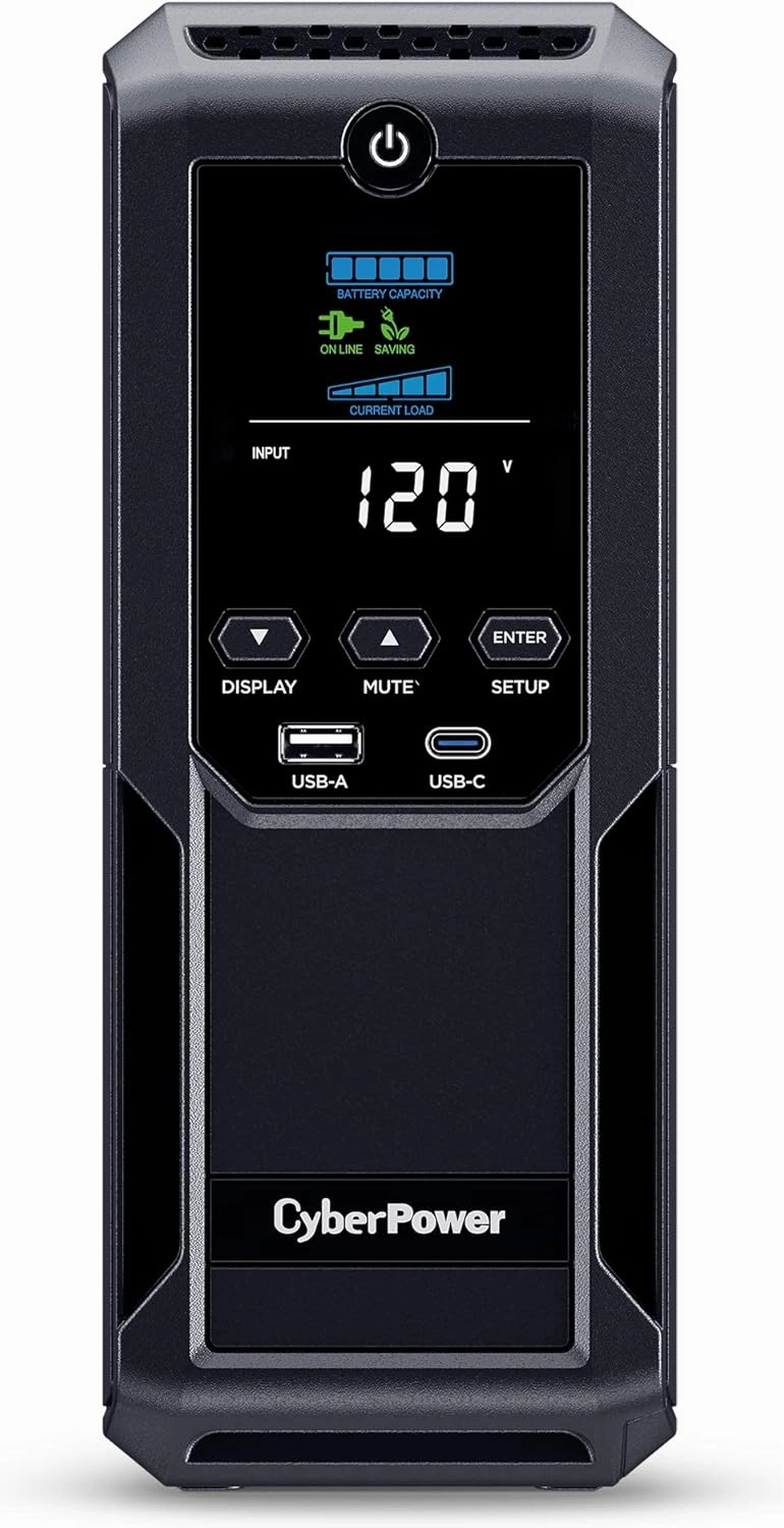 CyberPower CP1350AVRLCD3 Intelligent LCD UPS System, 1350VA/815W, 12 Outlets, 2 USB Ports, AVR, Mini Tower, Black