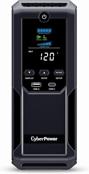 CyberPower CP1350AVRLCD3 Intelligent LCD UPS System, 1350VA/815W, 12 Outlets, 2 USB Ports, AVR, Mini Tower, Black