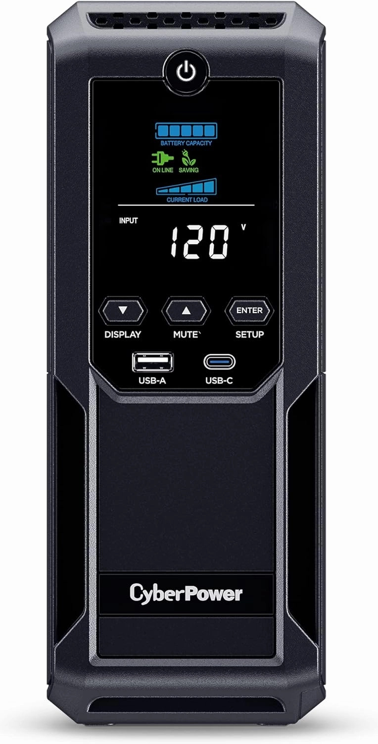 CyberPower CP1500AVRLCD3 Intelligent LCD UPS System, 1500VA/900W, 12 Outlets, 2 USB Ports, AVR, Mini Tower, Black