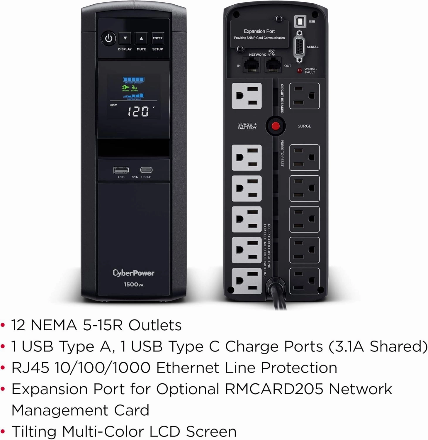 CyberPower CP1500PFCLCD PFC Sinewave UPS System, 1500VA/1000W, 12 Outlets, AVR, Mini Tower,Black
