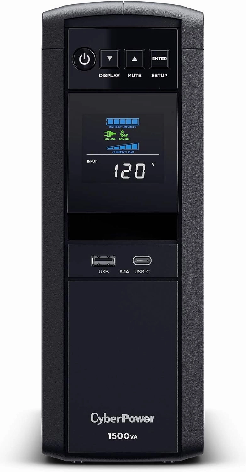 CyberPower CP1500PFCLCD PFC Sinewave UPS System, 1500VA/1000W, 12 Outlets, AVR, Mini Tower,Black