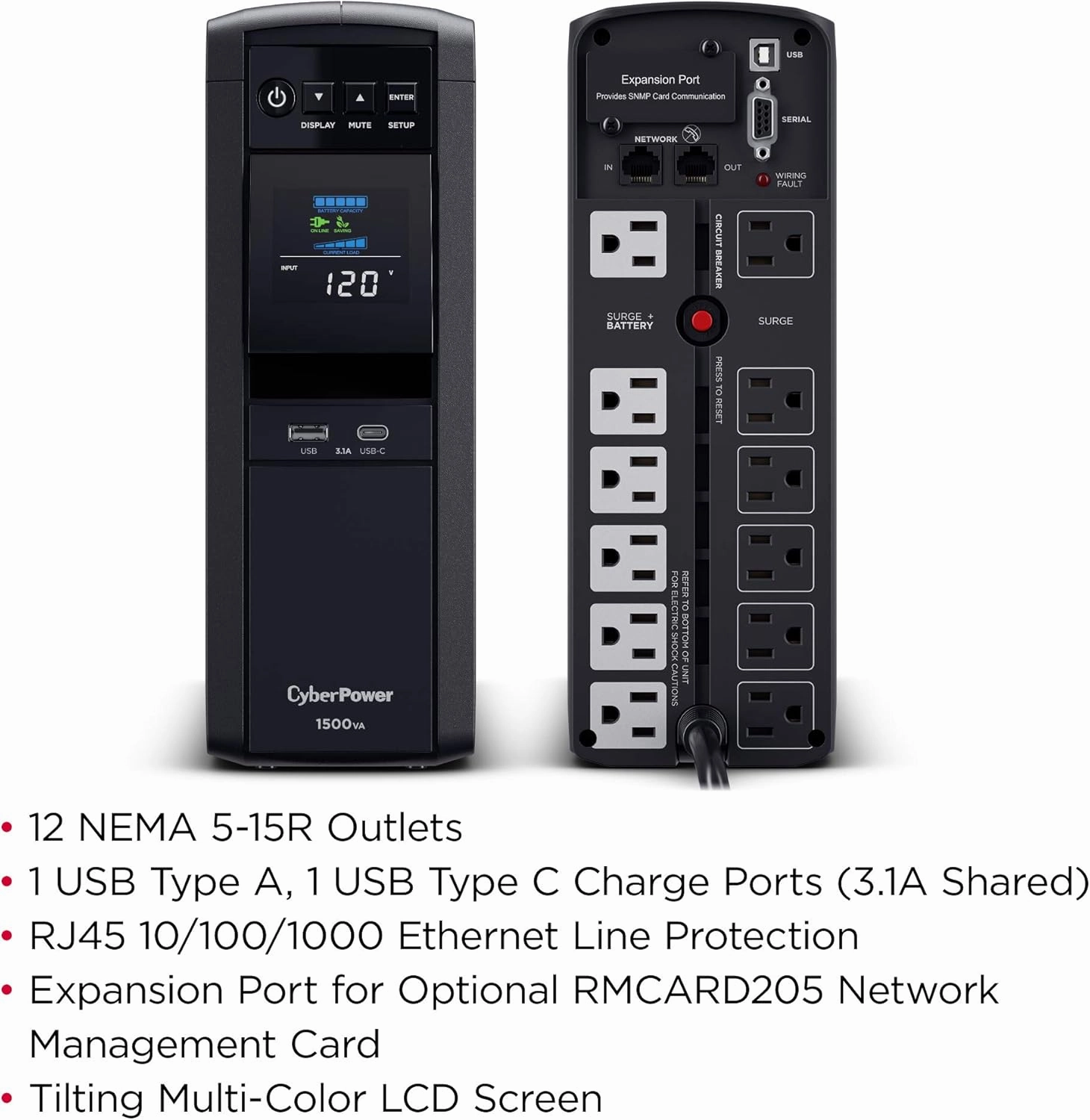 CyberPower CP1500PFCLCD PFC Sinewave UPS System, 1500VA/1000W, 12 Outlets, AVR, Mini Tower,Black