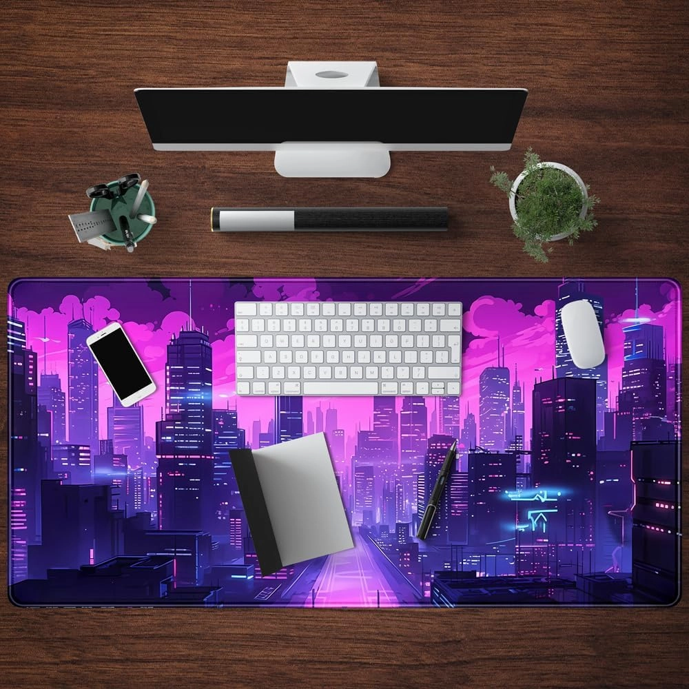 Cyberpunk Neon Purple City Gaming Desk Mouse Pad XL Pink Extended Mouse Pad Gaming, Keyboard Pc Office Laptop Mousepad Large, 31.5x15.8 in with Stitched Eges Non-Slip Base Mouse Pads