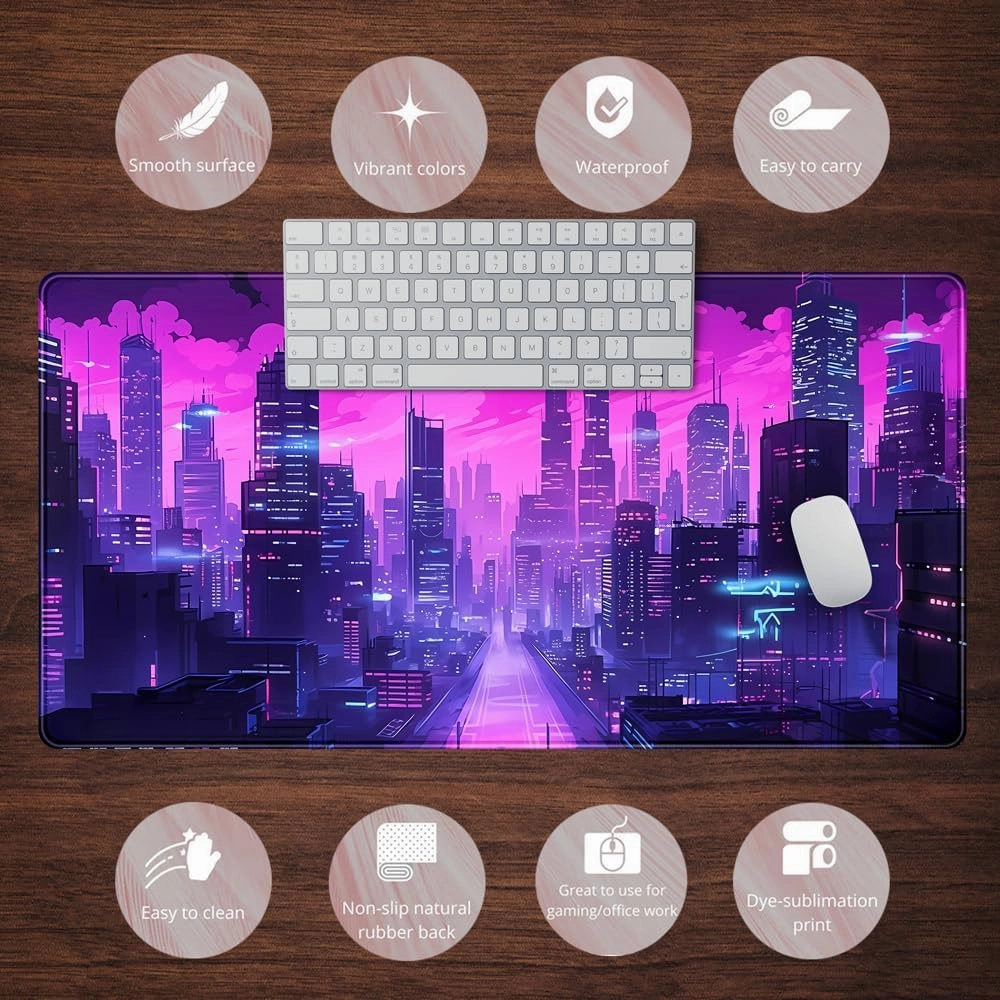 Cyberpunk Neon Purple City Gaming Desk Mouse Pad XL Pink Extended Mouse Pad Gaming, Keyboard Pc Office Laptop Mousepad Large, 31.5x15.8 in with Stitched Eges Non-Slip Base Mouse Pads