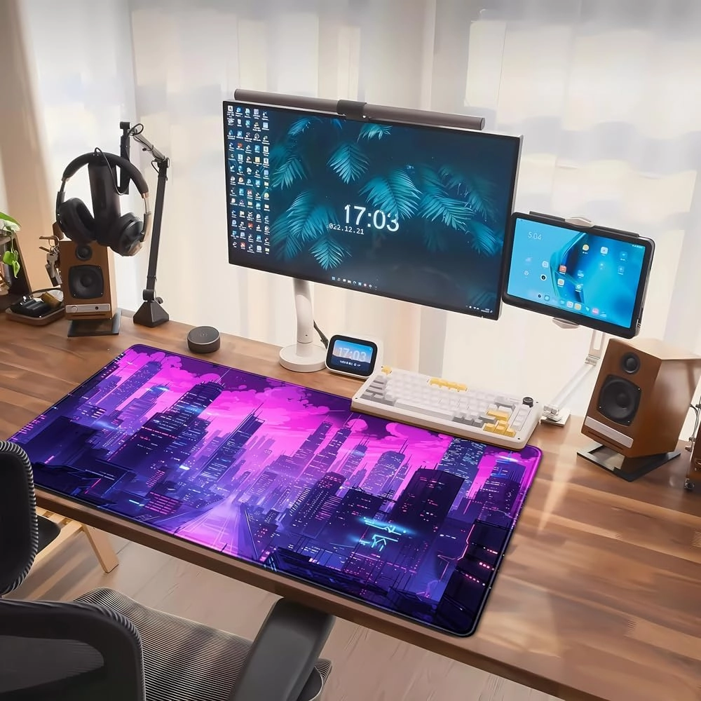 Cyberpunk Neon Purple City Gaming Desk Mouse Pad XL Pink Extended Mouse Pad Gaming, Keyboard Pc Office Laptop Mousepad Large, 31.5x15.8 in with Stitched Eges Non-Slip Base Mouse Pads