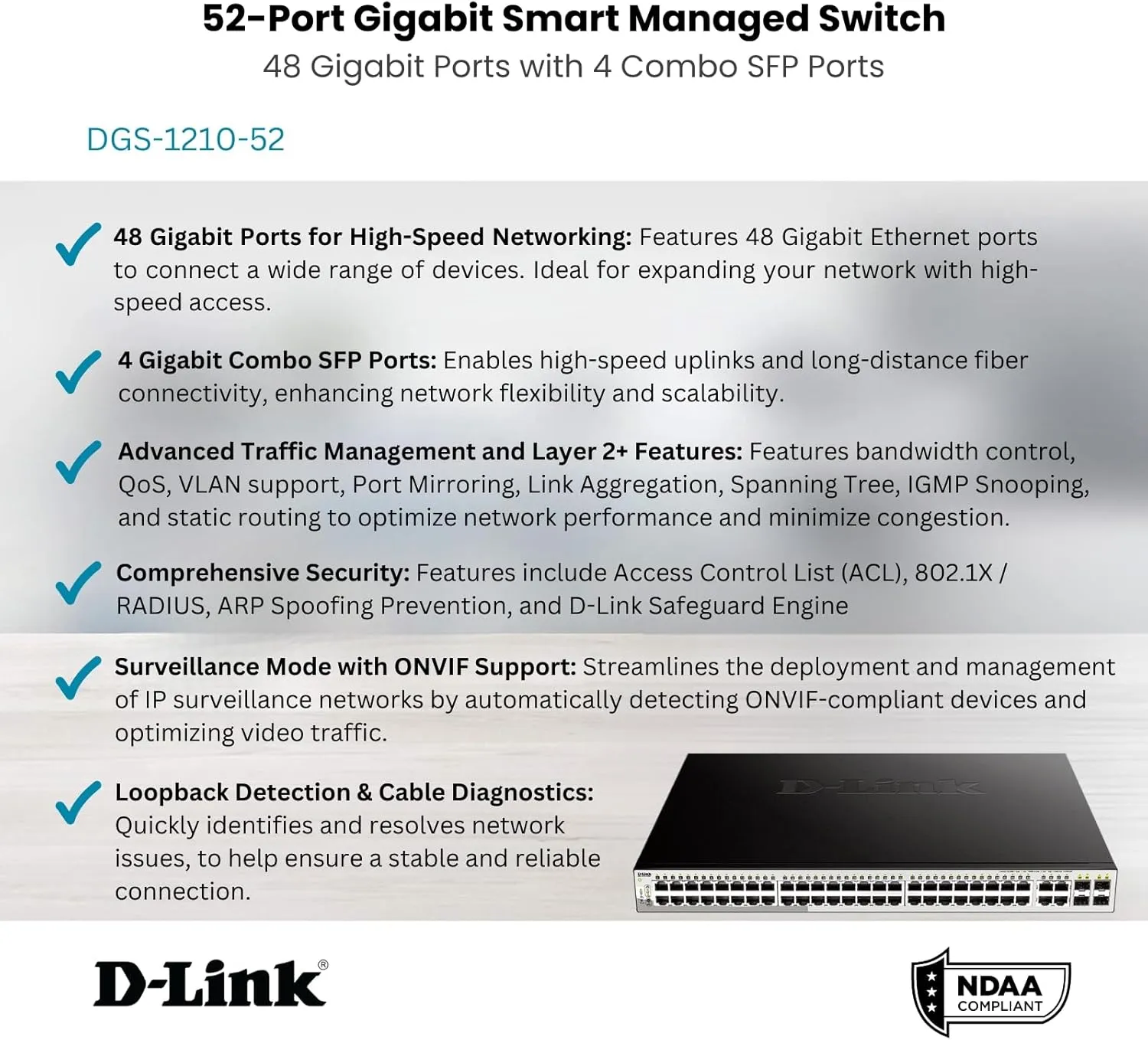 D-Link 52-Port Gigabit Smart Managed Switch | 48 GbE   4 Combo SFP Ports | L2  | Static Routing | VLANs | Cable Diagnostics | Web Managed | Rackmount | NDAA Compliant | Lifetime Warranty (DGS-1210-52)