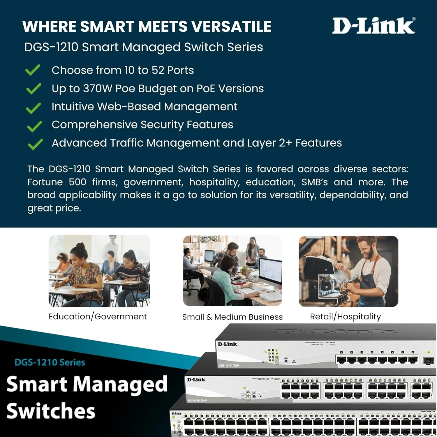 D-Link 52-Port Gigabit Smart Managed Switch | 48 GbE   4 Combo SFP Ports | L2  | Static Routing | VLANs | Cable Diagnostics | Web Managed | Rackmount | NDAA Compliant | Lifetime Warranty (DGS-1210-52)