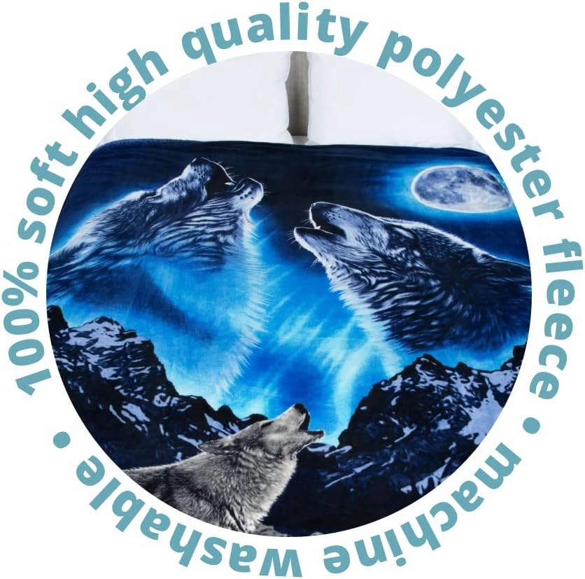 Dawhud Direct Howling Wolf Fleece Blanket for Bed, 75 x 90 inches Queen Size Wolf Fleece Throw Blanket for Men, Women and Kids - Super Soft Plush Throw