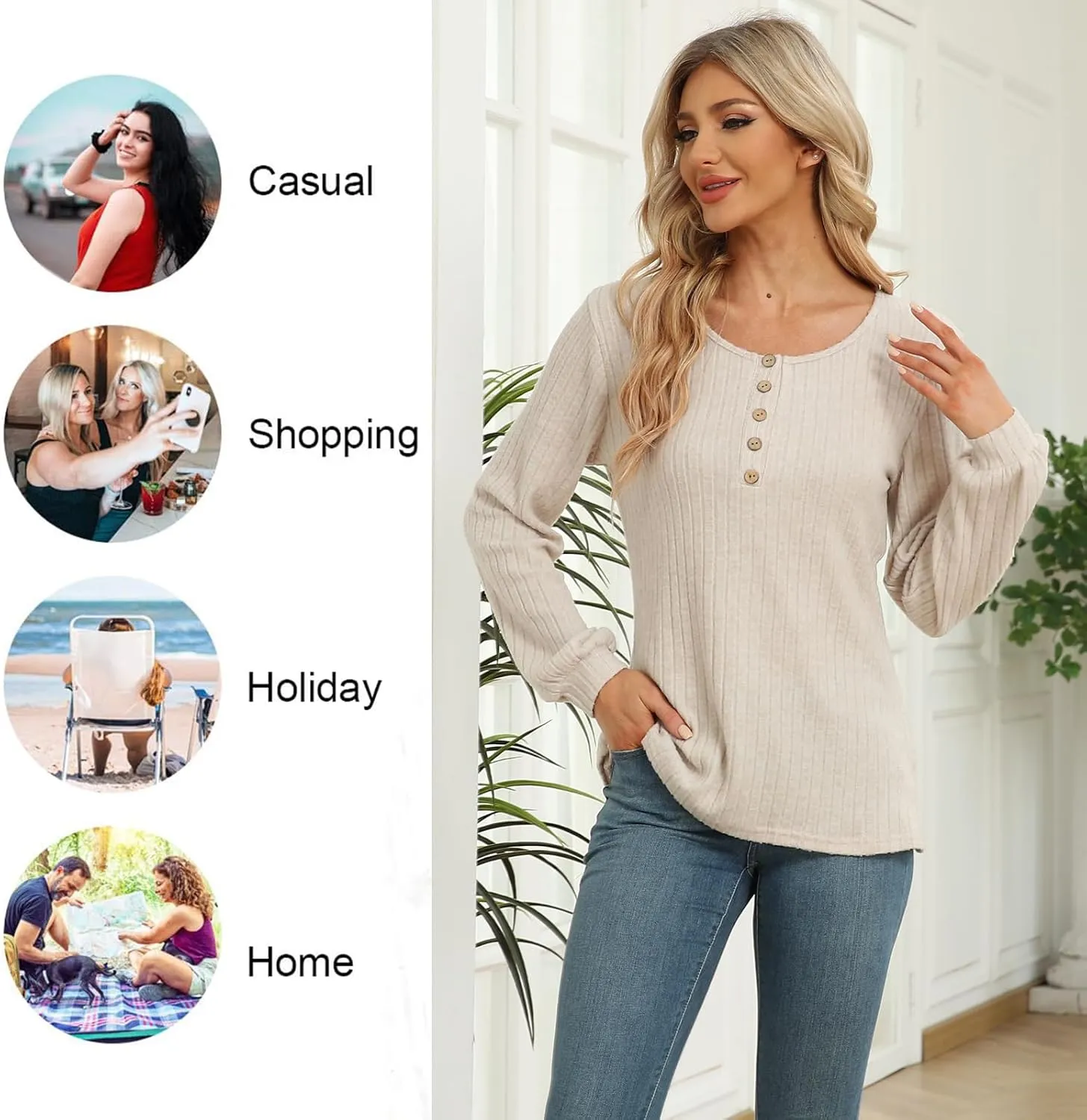 DB MOON Womens Lightweight Sweaters 2025 Long Sleeve Henley Shirt Fall Casual Crewneck Tunic Tops