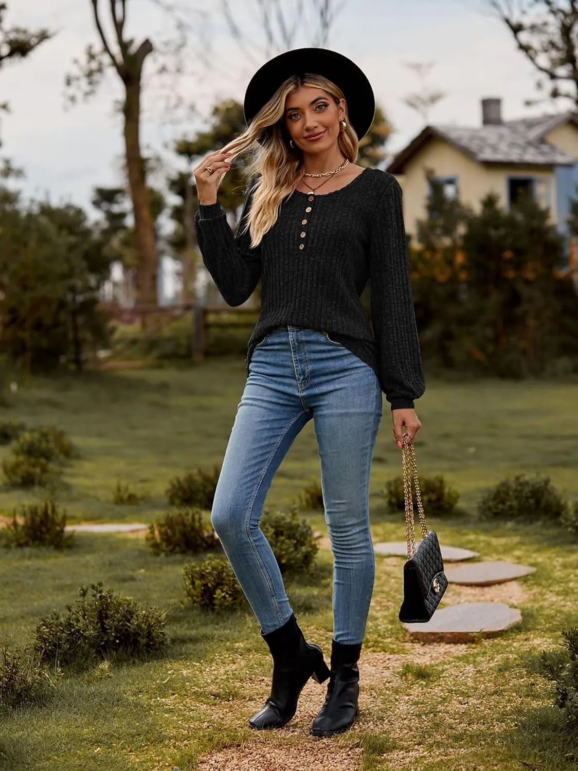 DB MOON Womens Lightweight Sweaters 2025 Long Sleeve Henley Shirt Fall Casual Crewneck Tunic Tops