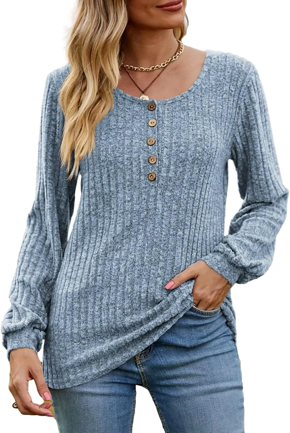 DB MOON Womens Lightweight Sweaters 2025 Long Sleeve Henley Shirt Fall Casual Crewneck Tunic Tops