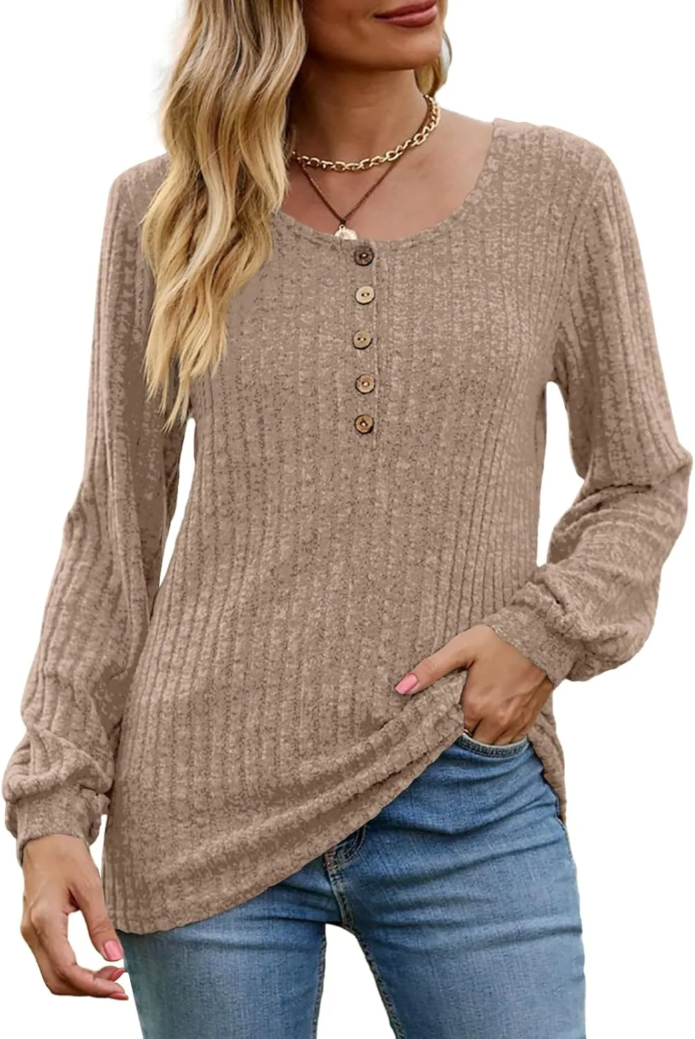 DB MOON Womens Lightweight Sweaters 2025 Long Sleeve Henley Shirt Fall Casual Crewneck Tunic Tops