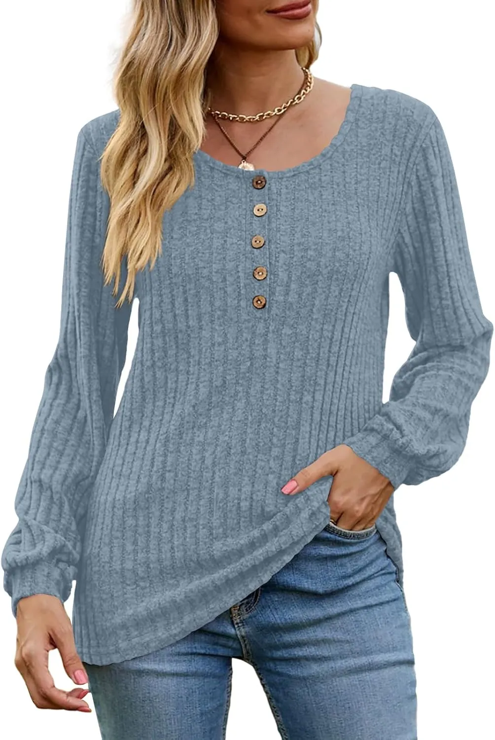 DB MOON Womens Lightweight Sweaters 2025 Long Sleeve Henley Shirt Fall Casual Crewneck Tunic Tops