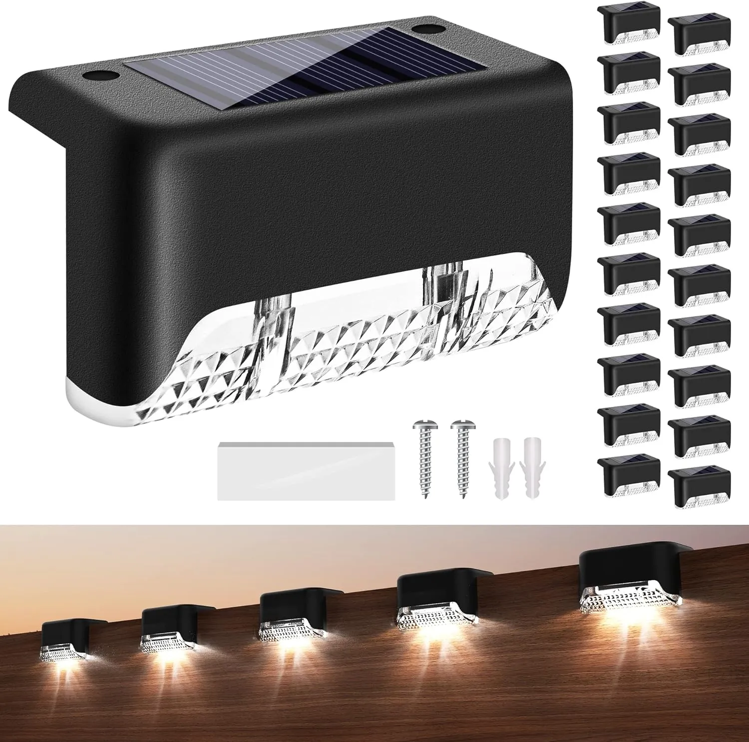 Deck Lights Solar Powered, 20 Pack Outdoor Waterproof Led， Step Powered Used Outside, For Deck, Stairs, Patio Fence, Garden,Cool White 4500K Black
