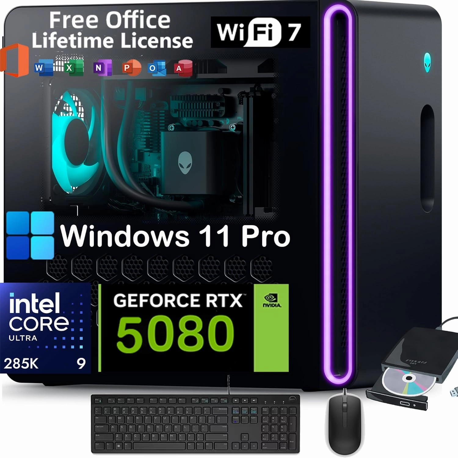 Dell Alienware Aurora R16 Gaming Desktop - Intel Ultra 9 285K (AI NPU) • NVIDIA RTX 5080 GDDR7 (Beats RTX 4090) • Win 11 Pro • w/Office License & External DVD • WiFi 7 (64GB DDR5, 4TB SSD, 2TB HDD)
