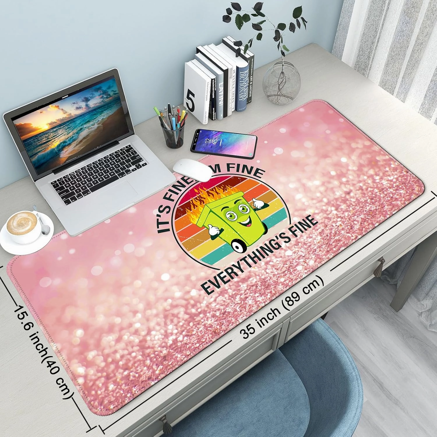 Desk Mat,Large Mouse Pad 35''×15.6'' XXL Extended Gaming Mouse Pad Mat with Non-Slip Base Stitched Eges Mousepad for Computer,Office,Keyboard and Laptop - Pink Fire