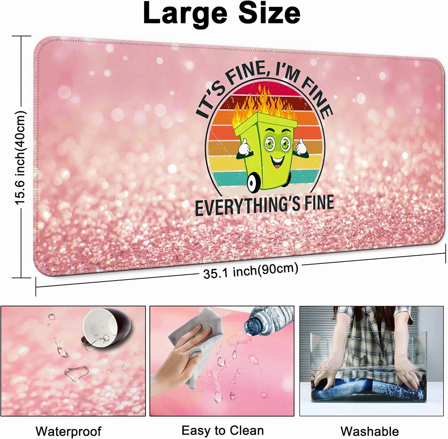 Desk Mat,Large Mouse Pad 35''×15.6'' XXL Extended Gaming Mouse Pad Mat with Non-Slip Base Stitched Eges Mousepad for Computer,Office,Keyboard and Laptop - Pink Fire