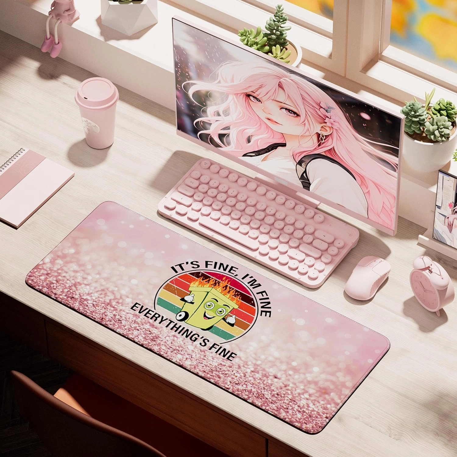 Desk Mat,Large Mouse Pad 35''×15.6'' XXL Extended Gaming Mouse Pad Mat with Non-Slip Base Stitched Eges Mousepad for Computer,Office,Keyboard and Laptop - Pink Fire