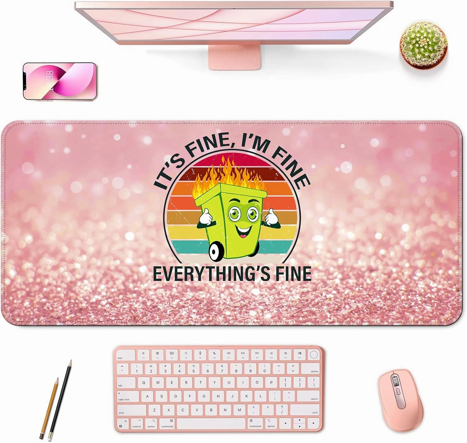 Desk Mat,Large Mouse Pad 35''×15.6'' XXL Extended Gaming Mouse Pad Mat with Non-Slip Base Stitched Eges Mousepad for Computer,Office,Keyboard and Laptop - Pink Fire
