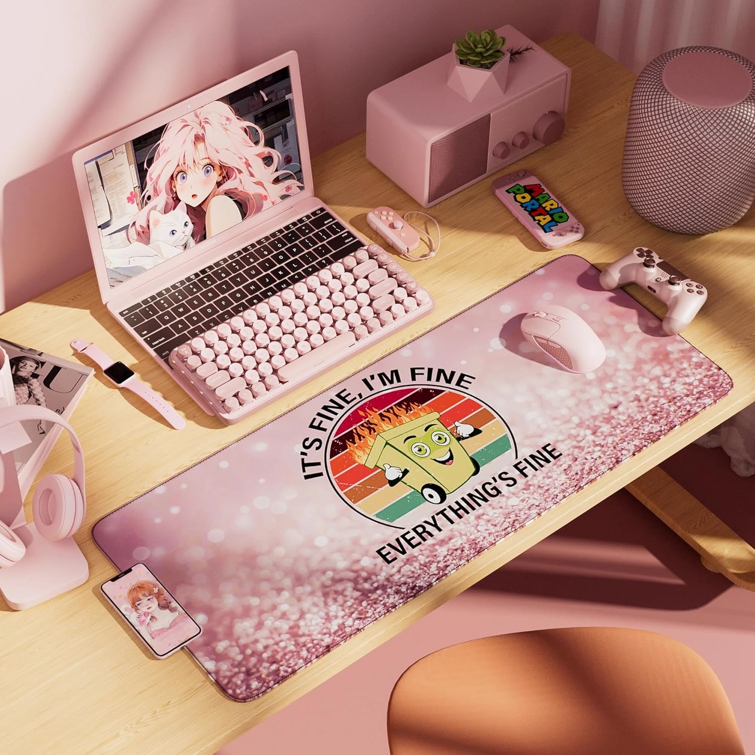 Desk Mat,Large Mouse Pad 35''×15.6'' XXL Extended Gaming Mouse Pad Mat with Non-Slip Base Stitched Eges Mousepad for Computer,Office,Keyboard and Laptop - Pink Fire