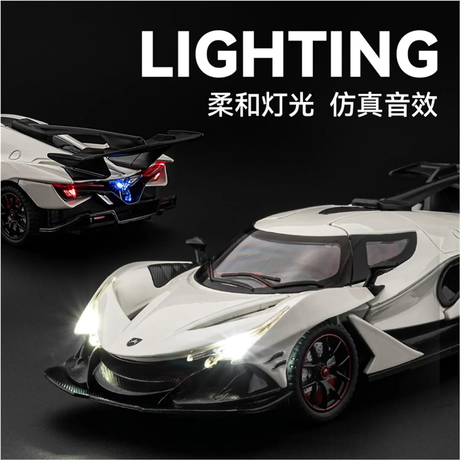Die Casting 1:24 for Apollo IE Alloy Supercar Model Simulation Sound and Light Pull-Back Car Fully Open Door Vehicle Model Collection Presents(Black)