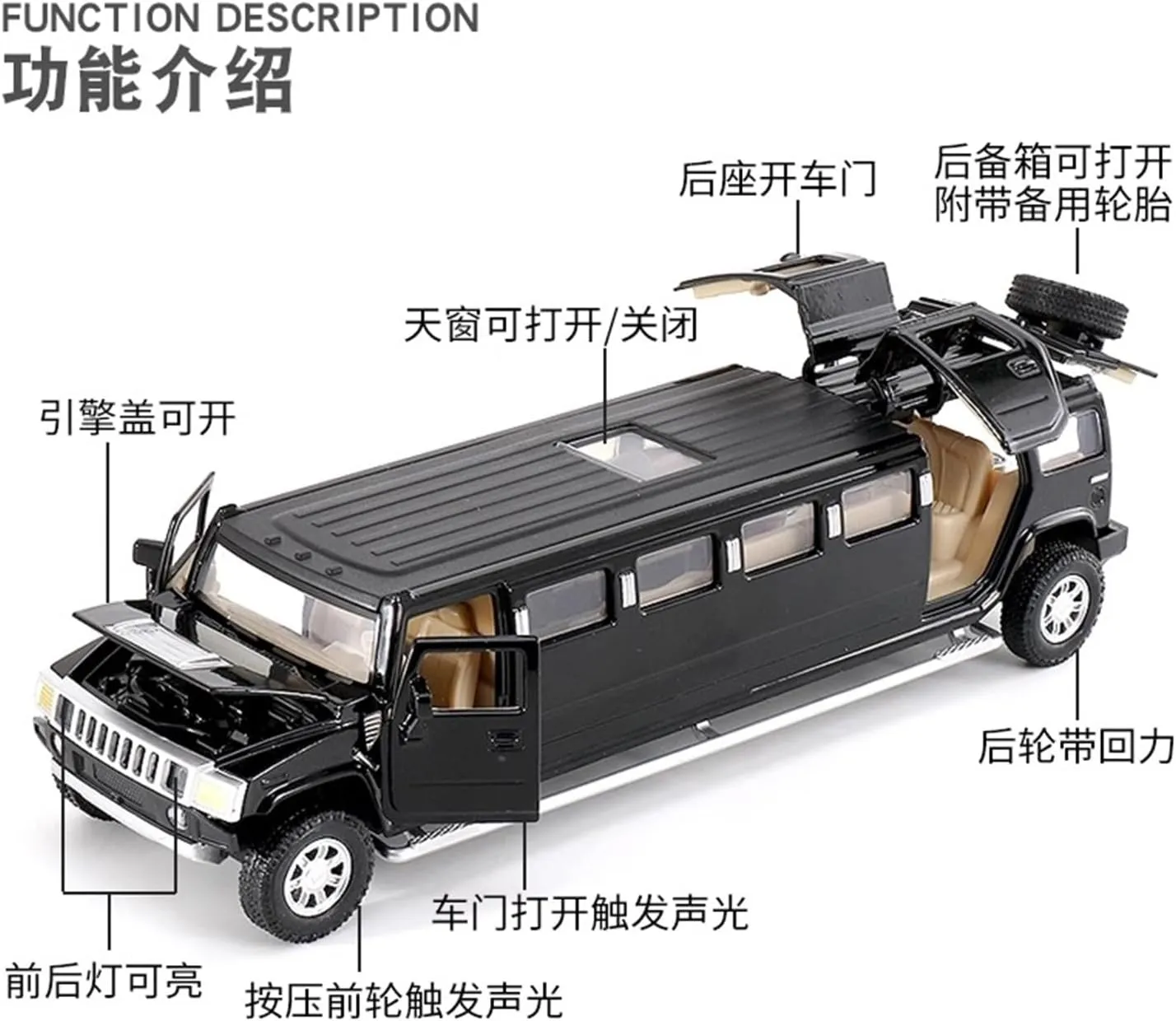 Die Casting 1:32 for Hummer Extended 6X6 Off-Road Vehicle Series Alloy Simulation Car Model Sound and Light Pull-Back Miniature Model Presents(SWAT Black)