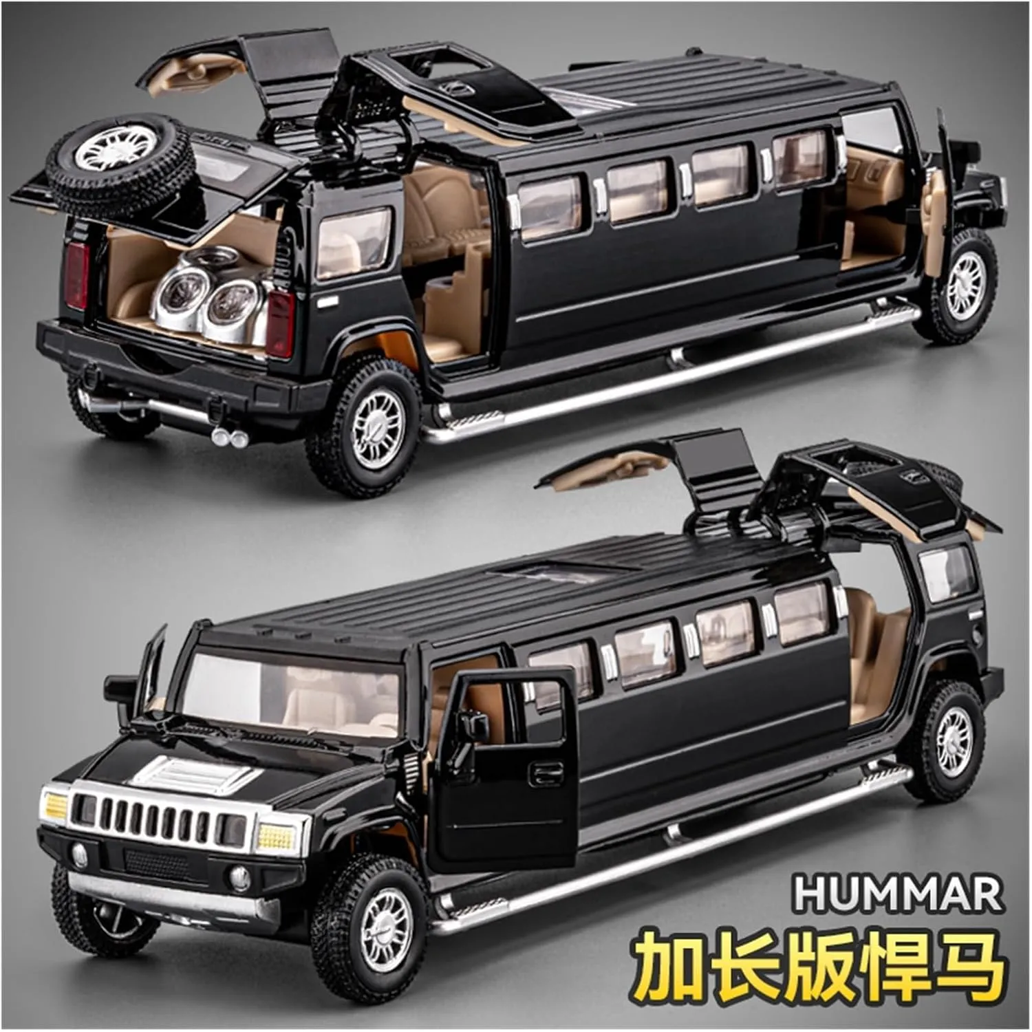 Die Casting 1:32 for Hummer Extended 6X6 Off-Road Vehicle Series Alloy Simulation Car Model Sound and Light Pull-Back Miniature Model Presents(SWAT Black)
