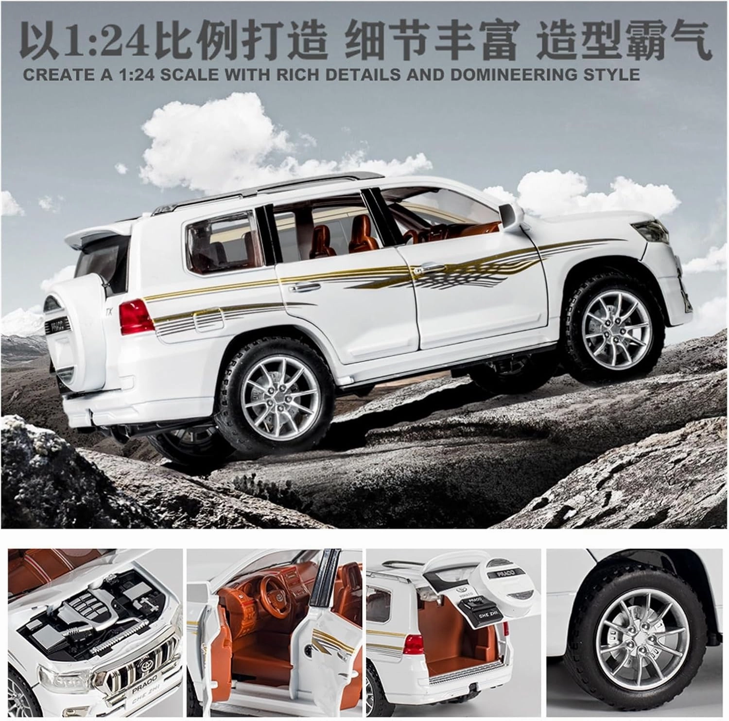 Die Casting 1:24 for Toyota Prado Land Cruiser Series Alloy Simulation Car Model Sound and Light Pull-Back Miniature Model Collection Presents(1:24 Prado Black)