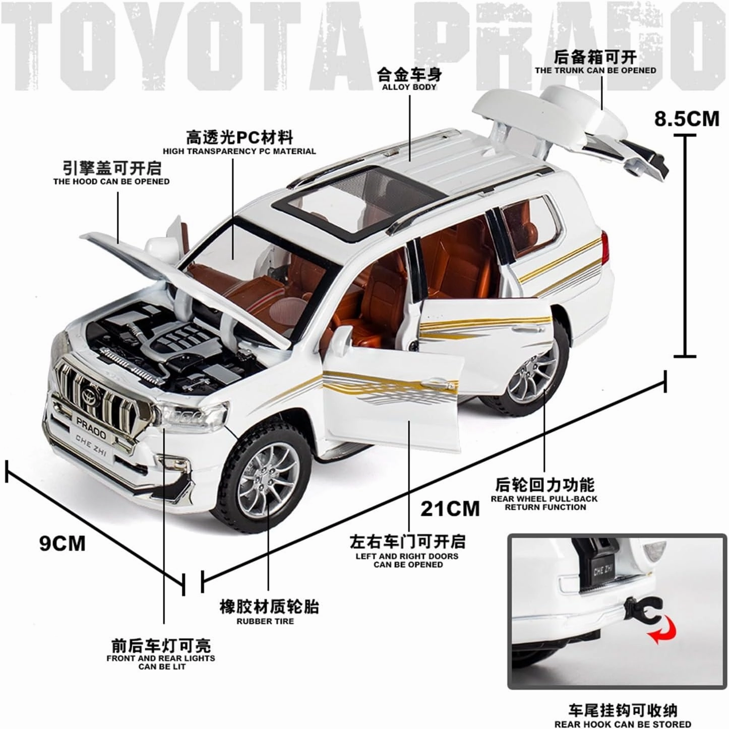 Die Casting 1:24 for Toyota Prado Land Cruiser Series Alloy Simulation Car Model Sound and Light Pull-Back Miniature Model Collection Presents(1:24 Prado Black)