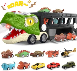 Dinosaur Toys for Kids Age 3-5 5-7, 17 Inch Big Dinosaur Truck with Sounds & Lights & Spray for Boy, Dinosaur Truck Carrier with 10 Mini-Cars, Xmas Birthday Gifts for Toddlers 3 4 5 Year Old