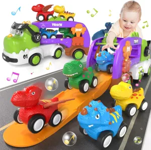 Dinosaur Truck Toys for 1 2 3 Year Old Boys Gifts, 5 in 1 Dinosaur Carrier Truck Toys for Age 2 3 4, Dinosaur Toys for Kids 2-4 with 4 Pull Back Cars, Birthday Gifts for 1 2  Year Old Boy