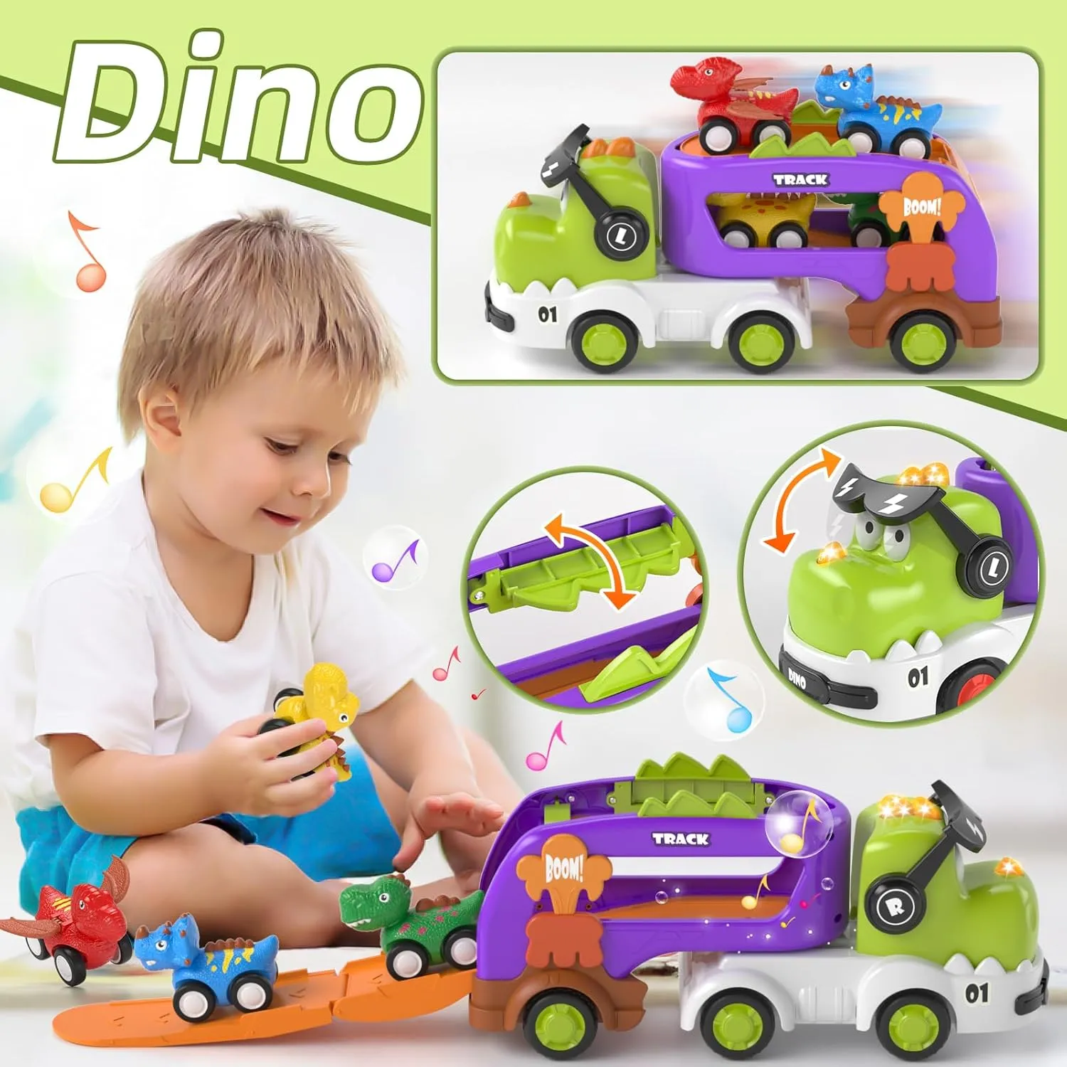 Dinosaur Truck Toys for 1 2 3 Year Old Boys Gifts, 5 in 1 Dinosaur Carrier Truck Toys for Age 2 3 4, Dinosaur Toys for Kids 2-4 with 4 Pull Back Cars, Birthday Gifts for 1 2  Year Old Boy
