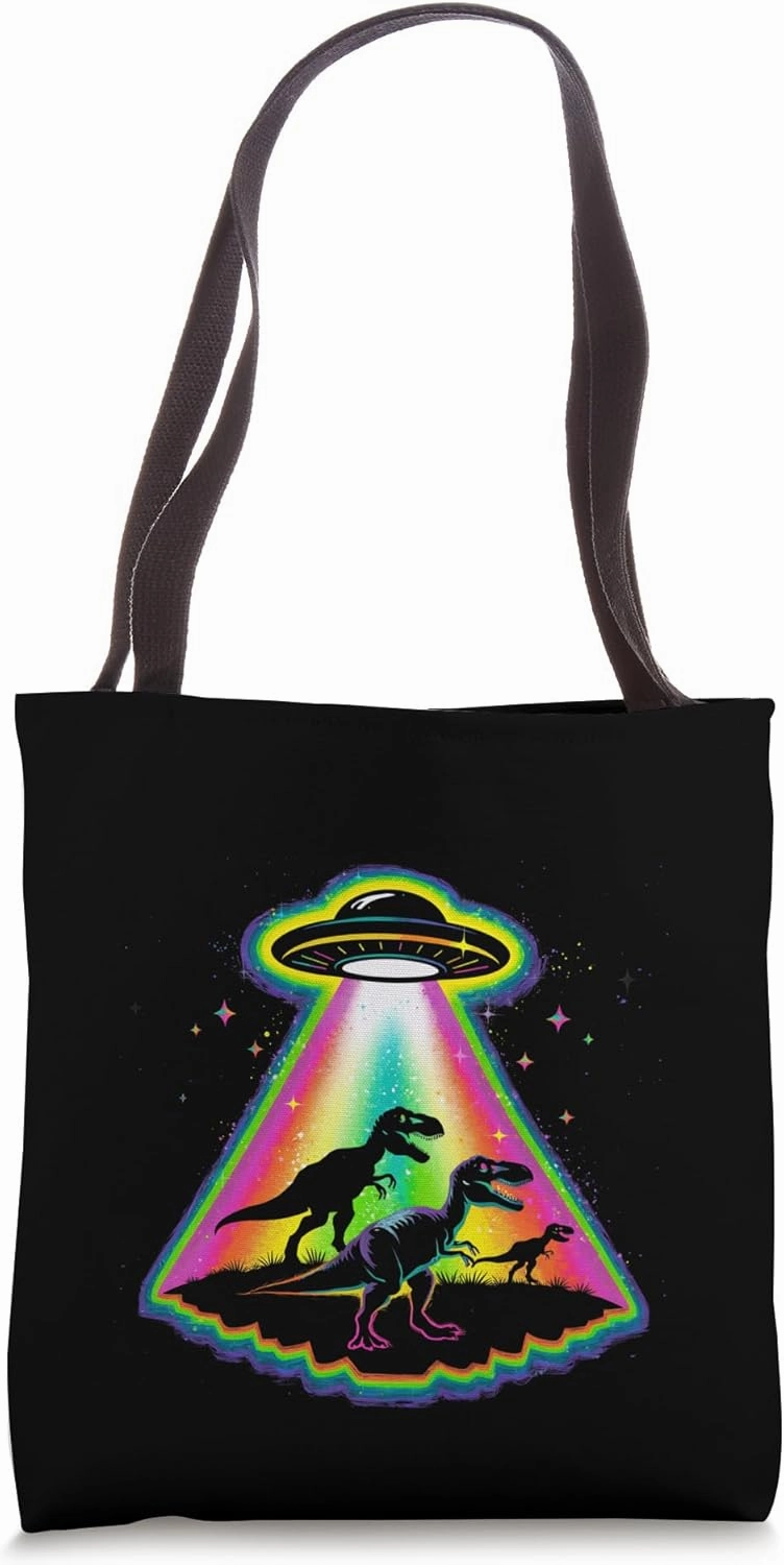Dinosaur Alien Abduction Rainbow Prehistoric Science Fiction Tote Bag