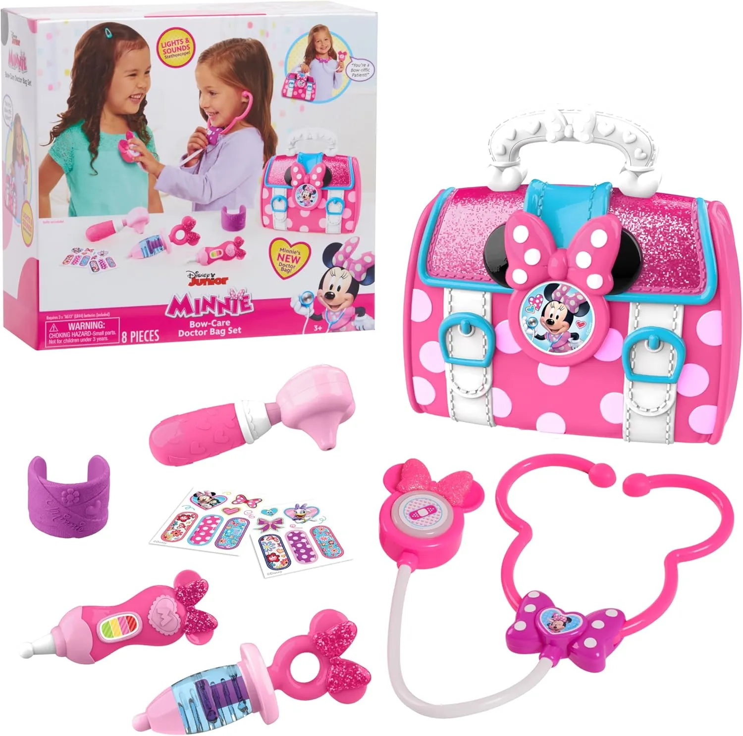 Disney Junior Minnie Mouse Bow-Care 8-piece Doctor Kit for Toddlers Ages 3-5 Lights and Sounds Stethescope, Officially Licensed, Pink, Preschool Pretend Play Kids, Kids Toys for Ages 3 Up by Just Play