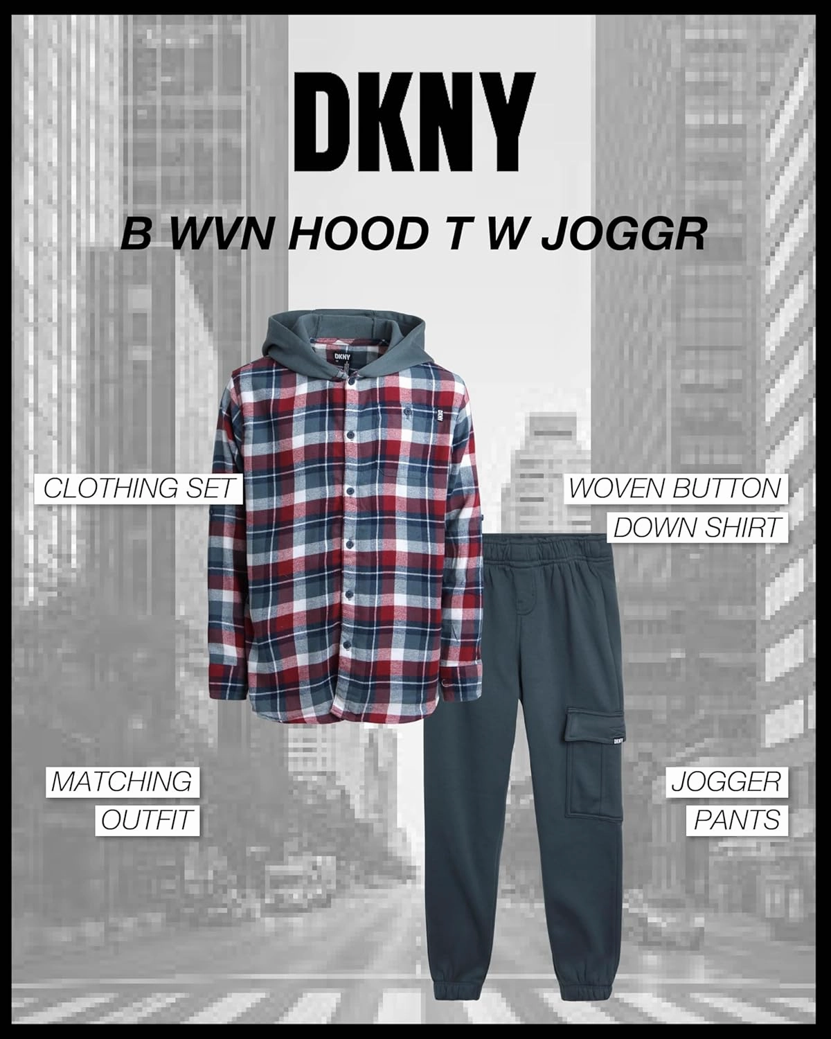 DKNY Boys' Shirt - 2 Piece Woven Button Down Shirt with Hood and Jogger Pants - Matching Outfit Clothing Set for Boys, 4-12