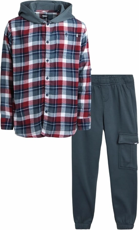 DKNY Boys' Shirt - 2 Piece Woven Button Down Shirt with Hood and Jogger Pants - Matching Outfit Clothing Set for Boys, 4-12