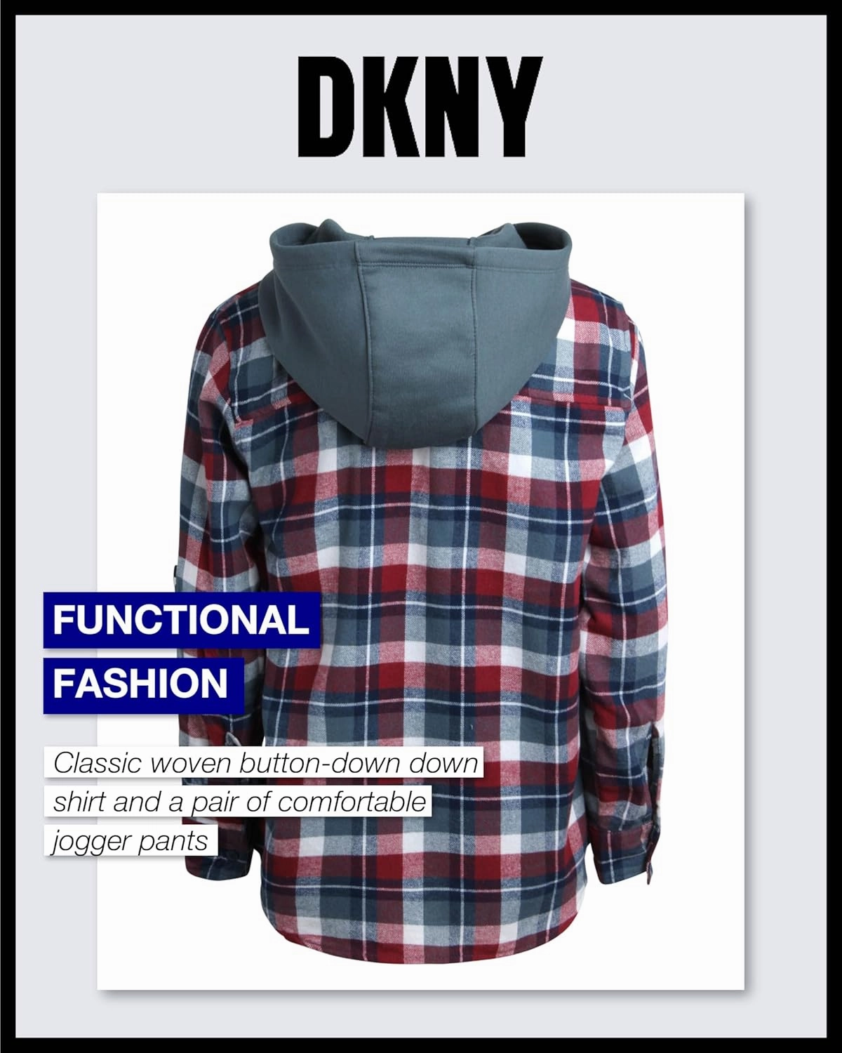 DKNY Boys' Shirt - 2 Piece Woven Button Down Shirt with Hood and Jogger Pants - Matching Outfit Clothing Set for Boys, 4-12