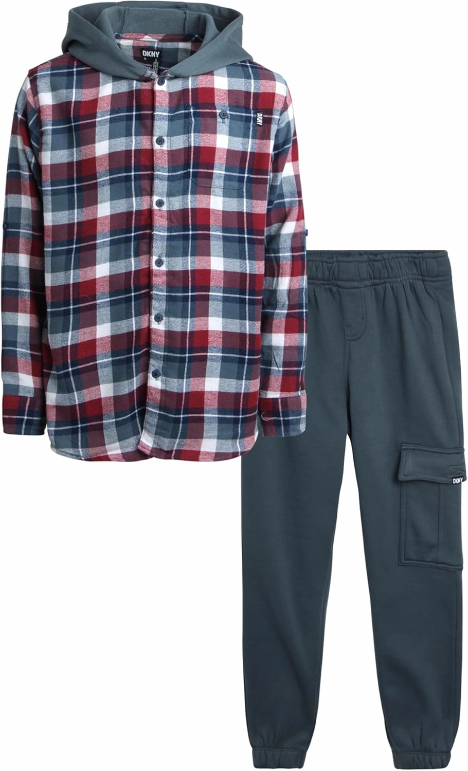 DKNY Boys' Shirt - 2 Piece Woven Button Down Shirt with Hood and Jogger Pants - Matching Outfit Clothing Set for Boys, 4-12