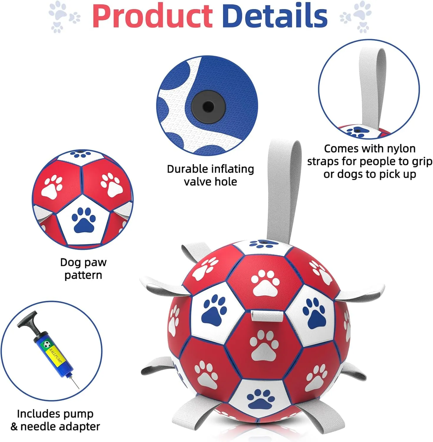 Dog Balls, Interactive Dog Toys for Tug of War, Dog Soccer Ball with 9 Nylon Straps for Indoor Outdoor, Dog Toys for Small Dogs & Medium Gift for Birthday(6 inch)