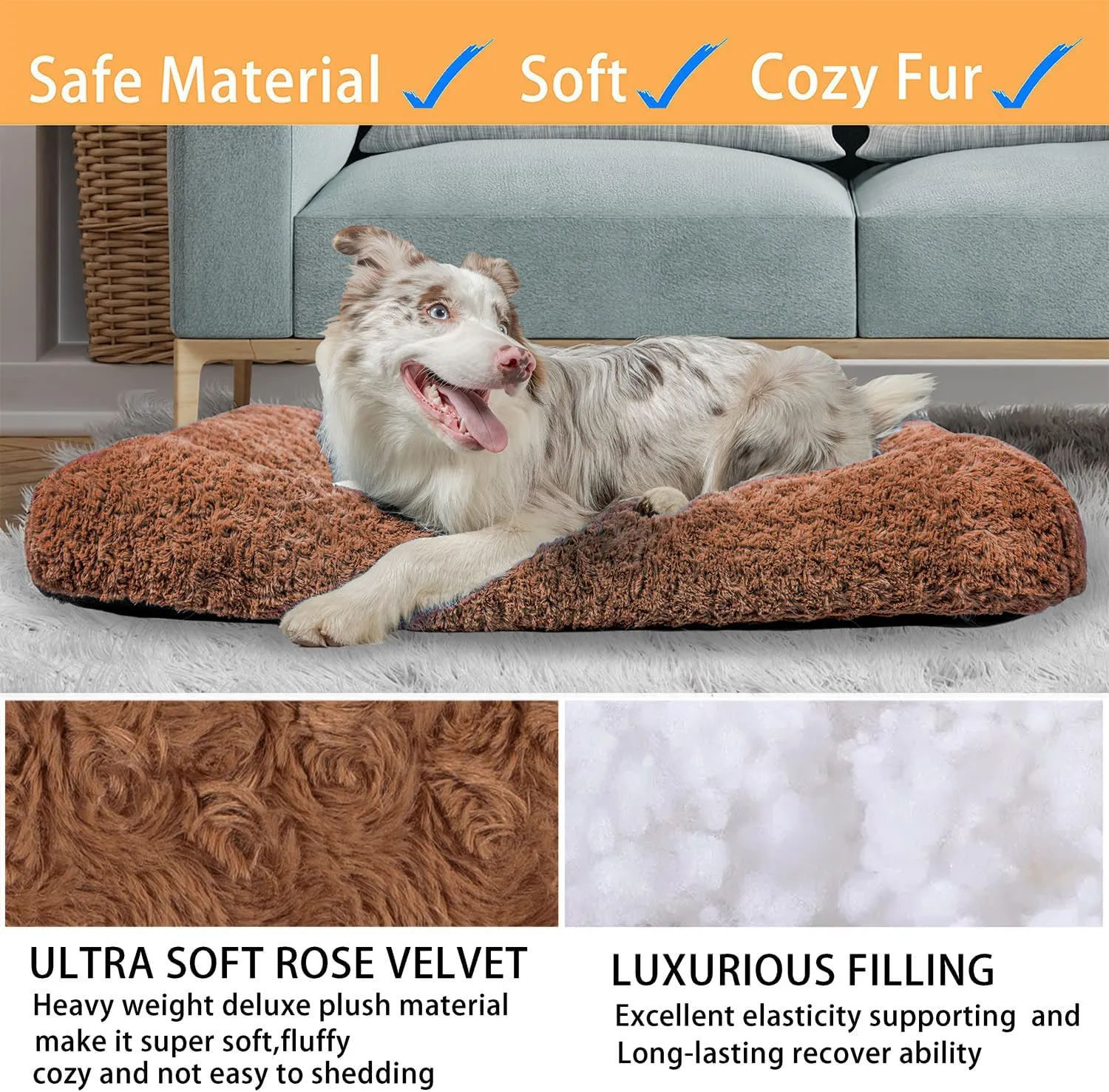 Dog Beds Crate Pad for Medium, Large Dogs, Deluxe Rose Plush Cat Sleeping Mats, Fits Crate Kennel Cage, Anti-Slip Pets Pillow, Washable Ultra Soft Fluffy Dog Bed for Crate (35"x23"Brown)