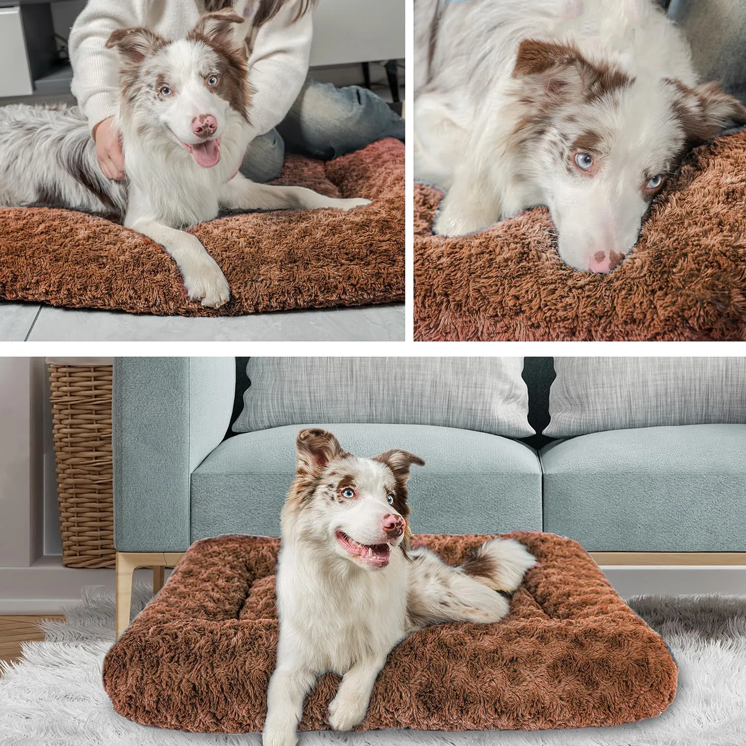 Dog Beds Crate Pad for Medium, Large Dogs, Deluxe Rose Plush Cat Sleeping Mats, Fits Crate Kennel Cage, Anti-Slip Pets Pillow, Washable Ultra Soft Fluffy Dog Bed for Crate (35"x23"Brown)