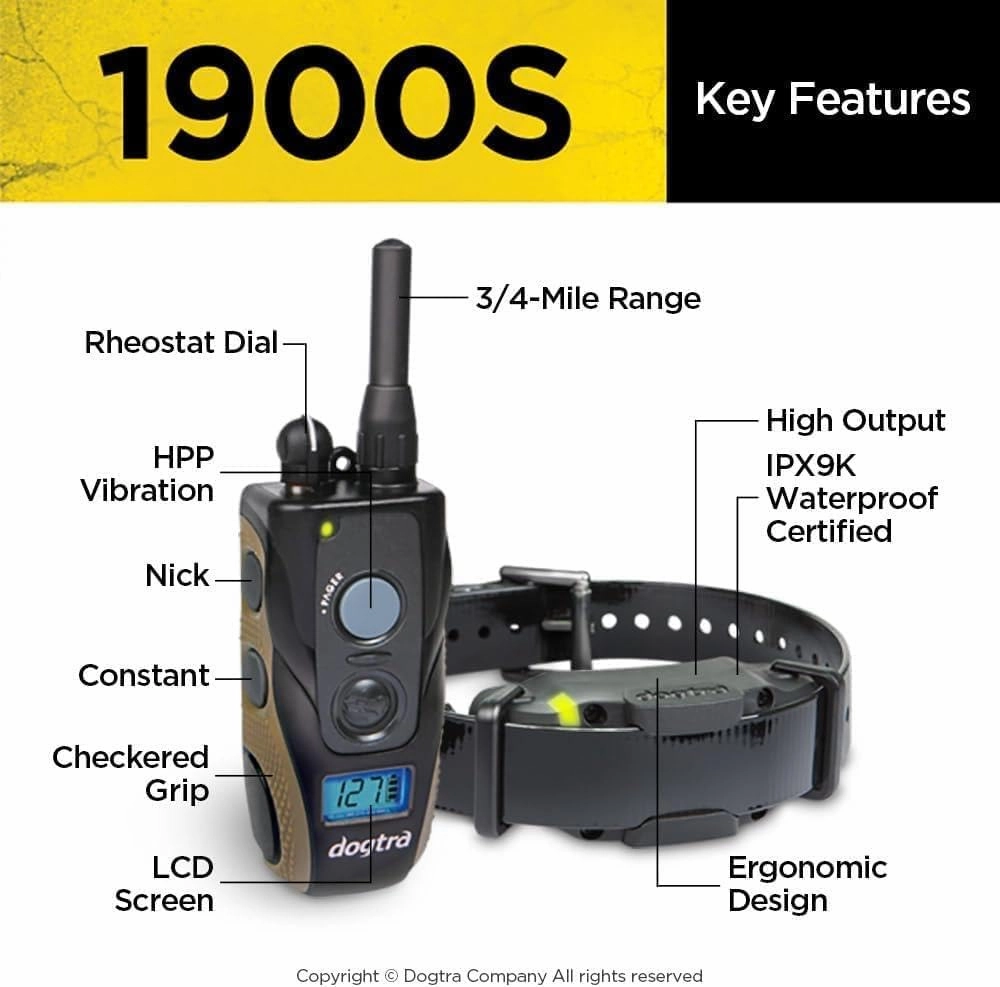 Dogtra 1900S Ergonomic 3/4-Mile IPX9K Waterproof High-Output Remote Dog Training E-Collar
