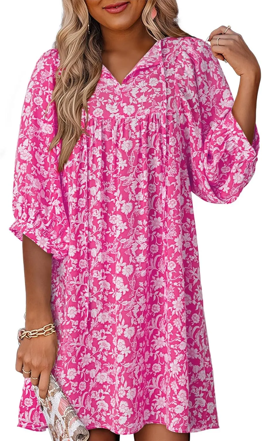 Dokotoo Womens Summer Dresses 2025 Boho Floral Drawstring V Neck Chiffon Lantern Sleeve Beach Vacation Mini Dress Sundress