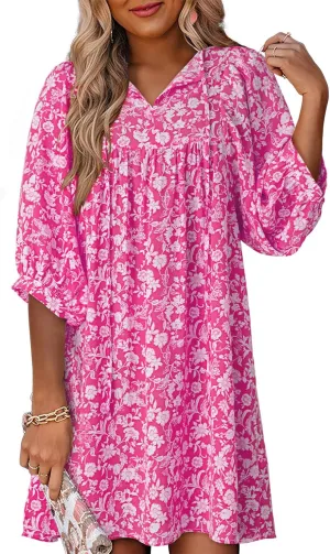 Dokotoo Womens Summer Dresses 2025 Boho Floral Drawstring V Neck Chiffon Lantern Sleeve Beach Vacation Mini Dress Sundress