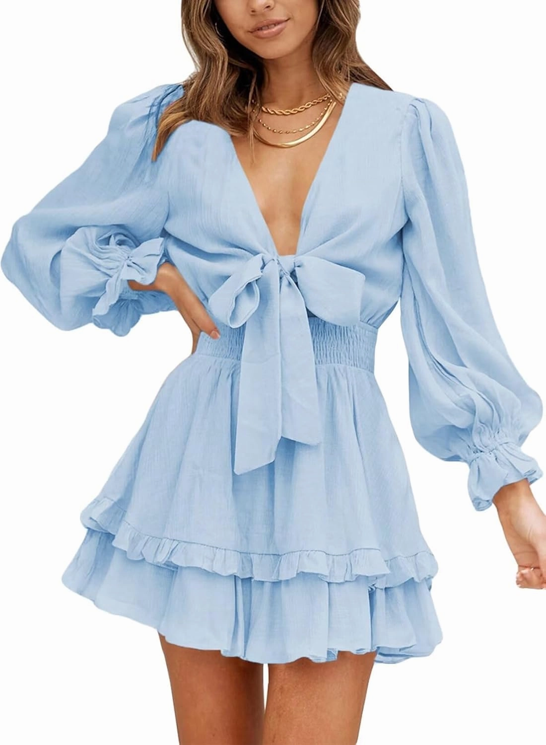 Dokotoo Womens Casual Spring Summer 2025 Deep V Neck Knotted Tiered Chiffon Elegant Mini Short Swing Skater Dresses
