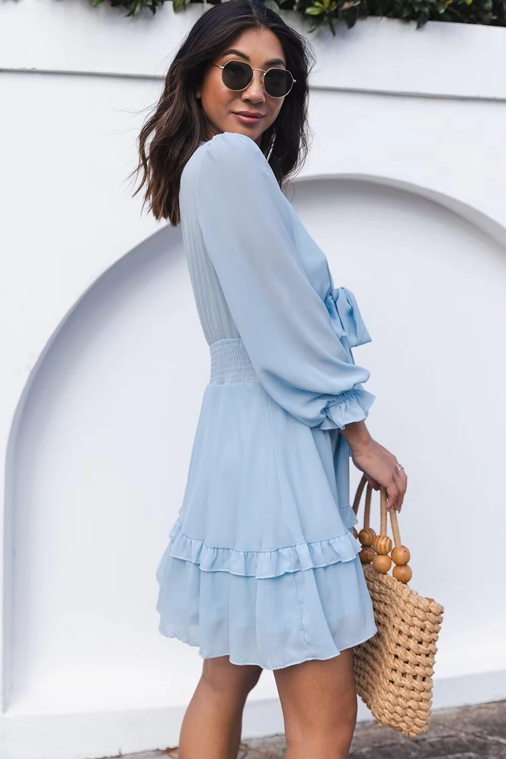 Dokotoo Womens Casual Spring Summer 2025 Deep V Neck Knotted Tiered Chiffon Elegant Mini Short Swing Skater Dresses
