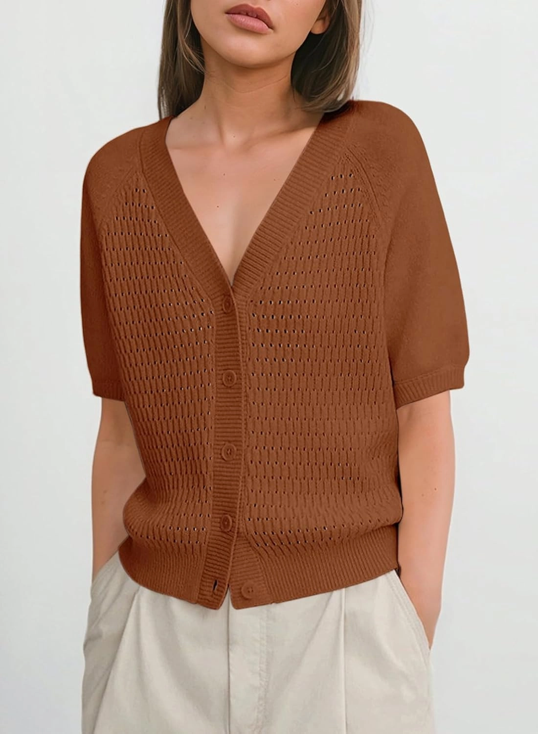Dokotoo Womens Summer Tops 2024 Trendy V Neck Hollow Out Cropped Button Down Shirts Puff Sleeves Blouses