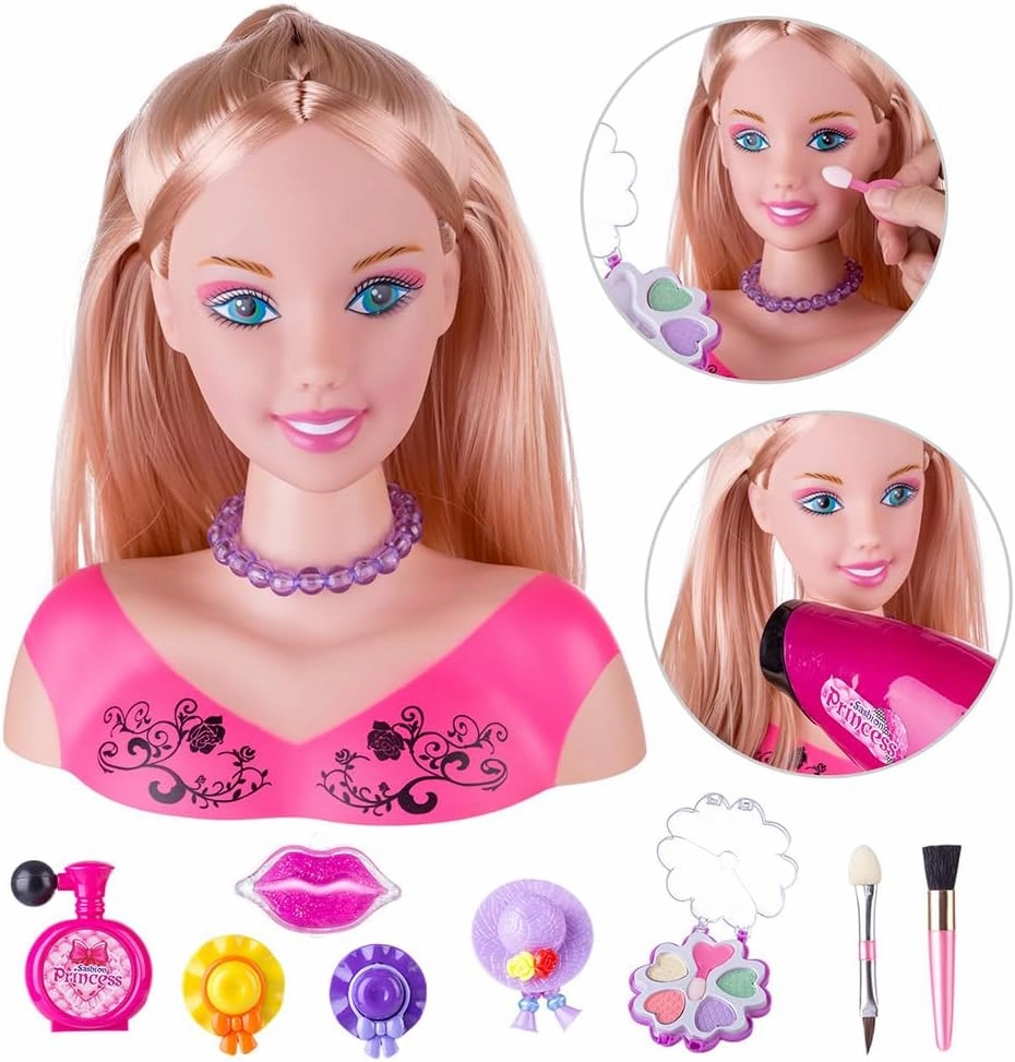 Doll Head Hair Styling Makeup Girls Toys Kids Pretend Play Beauty Set with Real Washable Cosmetics Hairdryer Curling Hairpins Accessories Birthday Gifts for Girls 3 4 5 Years Old
